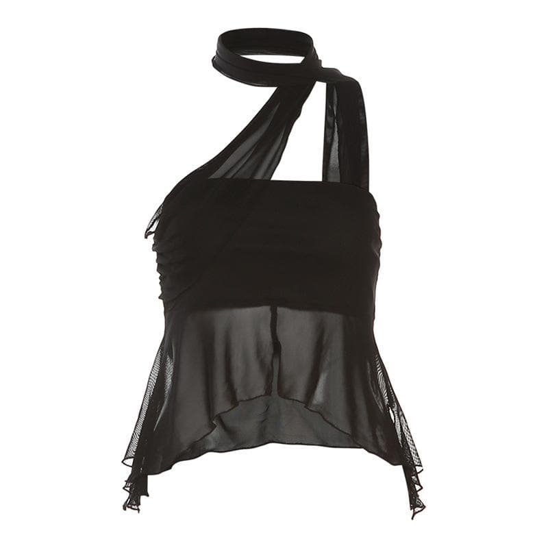 Mesh solid irregular halter slit backless crop top