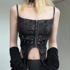 Textured zip-up square neck lace up button backless cami crop top