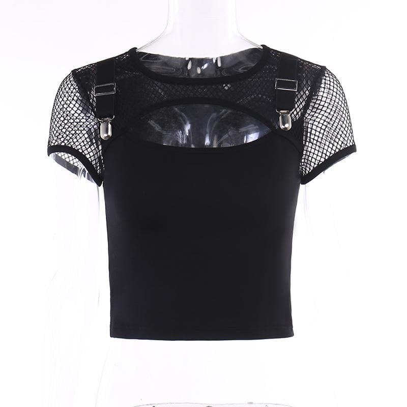 Short sleeve crewneck hollow out fishnet buckle solid top