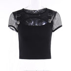 Short sleeve crewneck hollow out fishnet buckle solid top