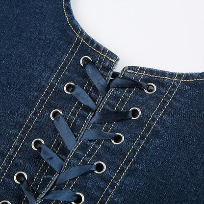 Top corsetto senza maniche con lacci in denim cucito e scollato