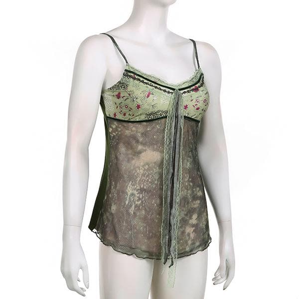 Lace hem patchwork v neck tie dye contrast mesh backless cami top