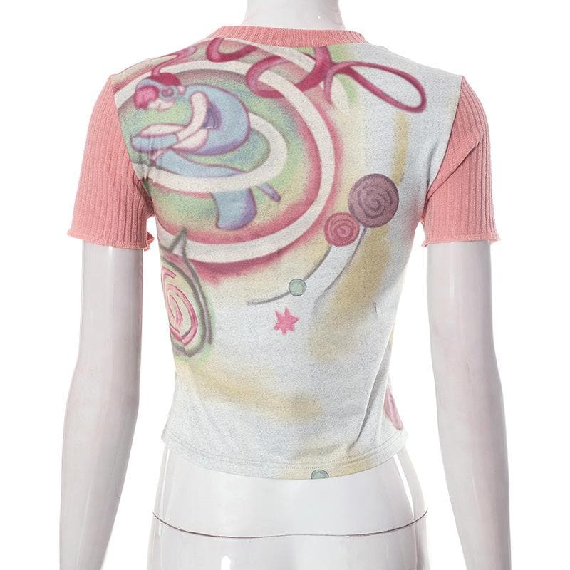 Top a maniche corte con scollo rotondo e patchwork a contrasto astratto 