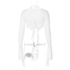 Halter self tie v neck flared sleeve button ruffle crop top