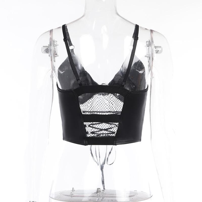 Backless v neck o ring lace up fishnet hollow out solid cami crop top