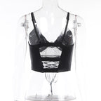 Backless v neck o ring lace up fishnet hollow out solid cami crop top