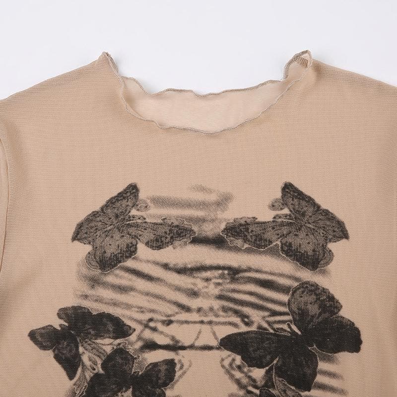 Butterfly pattern sheer mesh see through short sleeve crop top
