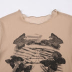 Butterfly pattern sheer mesh see through short sleeve crop top