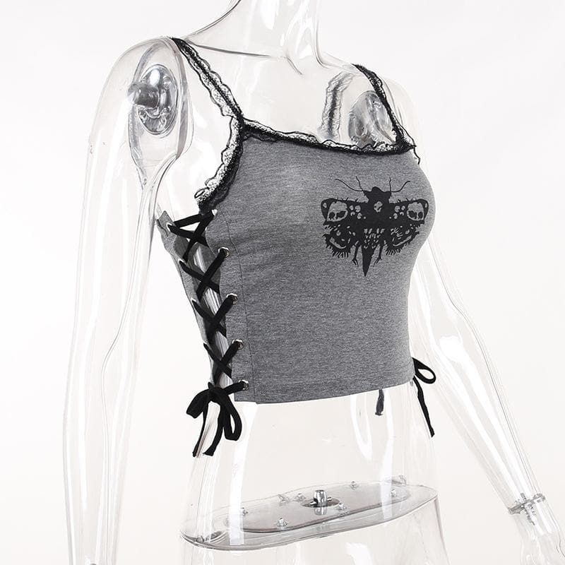 Lace hem backless lace up butterfly pattern contrast crop top