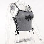 Lace hem backless lace up butterfly pattern contrast crop top