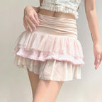 Ruched ruffle contrast patchwork mesh mini skirt