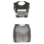 Metallic sleeveless round neck mini skirt set