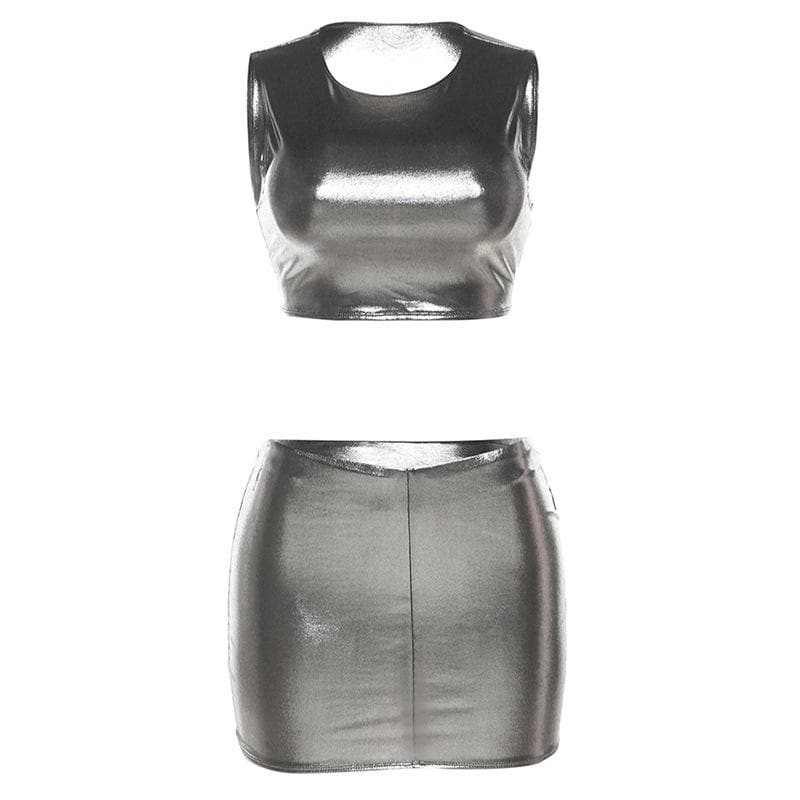 Metallic sleeveless round neck mini skirt set