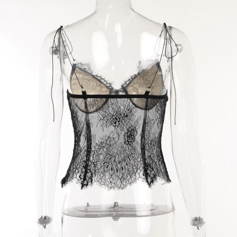 Top in pizzo con spalline sottili e allacciatura a V e schiena scoperta 