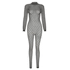 Durchsichtiger, rückenfreier Jumpsuit mit langen Ärmeln und Fischnetz-Ausschnitt 