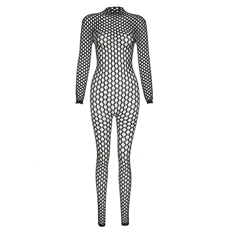 Durchsichtiger, rückenfreier Jumpsuit mit langen Ärmeln und Fischnetz-Ausschnitt 