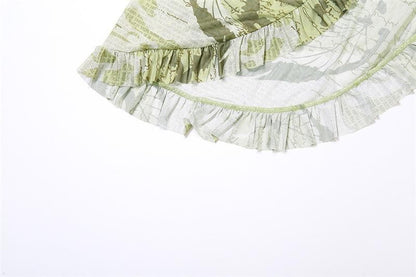 Halter self tie backless ruffle irregular mesh contrast print maxi skirt set