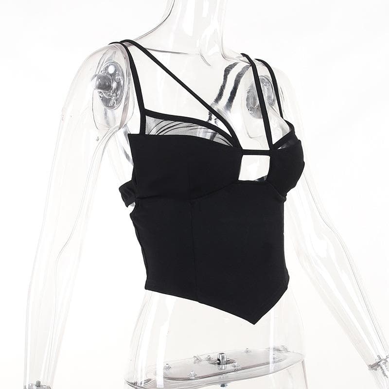 Mesh solid patchwork backless hollow out crop top