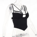 Mesh solid patchwork backless hollow out crop top