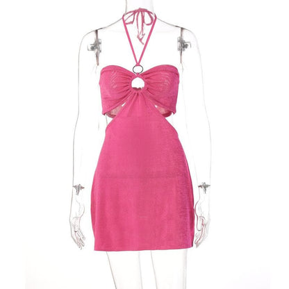 Ausgehöhltes, solides, rückenfreies Neckholder-Minikleid zum Selbstbinden mit O-Ring