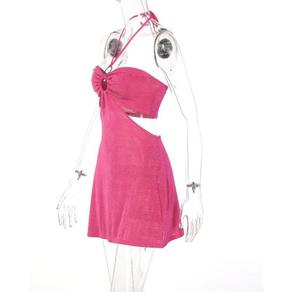 Ausgehöhltes, solides, rückenfreies Neckholder-Minikleid zum Selbstbinden mit O-Ring