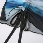Drawstring long sleeve sheer mesh see through ruched contrast top