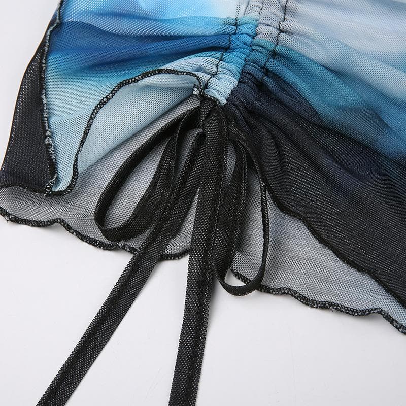Drawstring long sleeve sheer mesh see through ruched contrast top