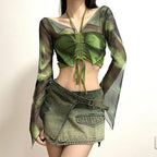 Halter drawstring mesh flared sleeve tie dye 2 piece crop top