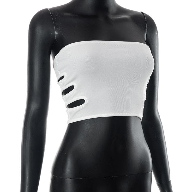 Hollow out backless solid ribbed tube crop top