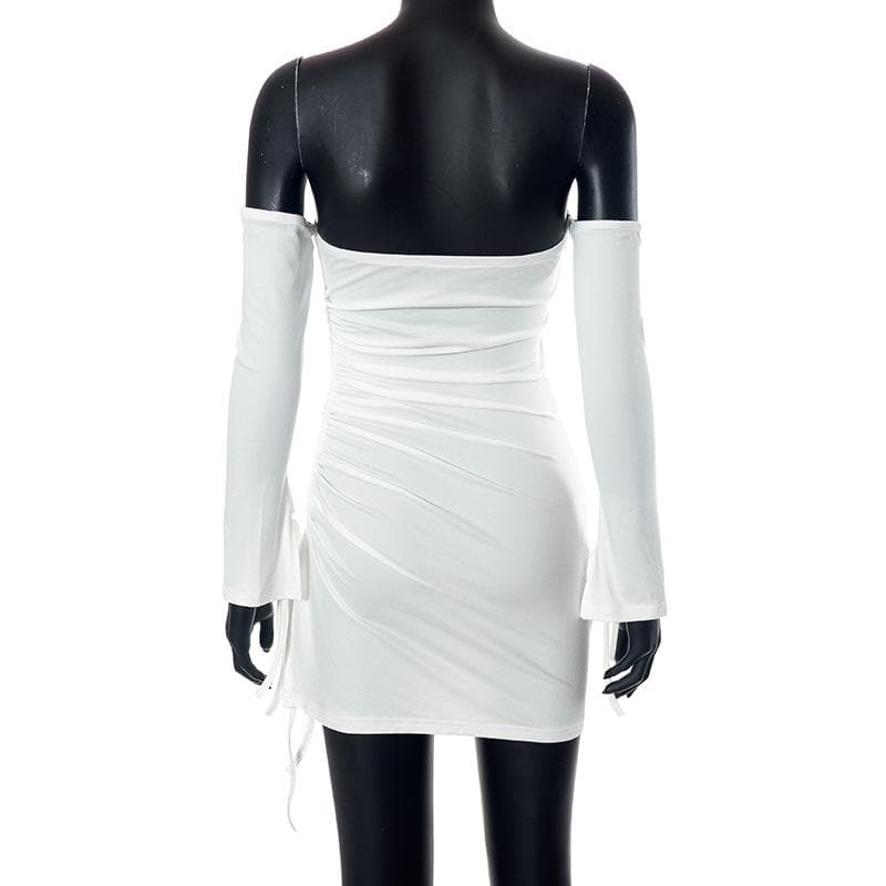 Miniabito tubino con spacchi arricciati, coulisse e spalle scoperte, senza schienale 