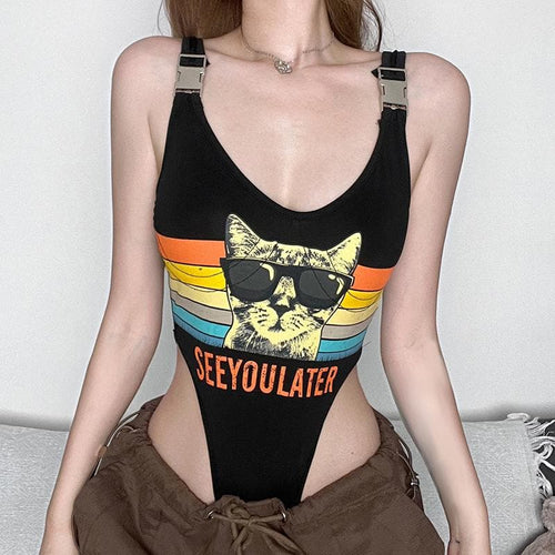Rückenfreier, ärmelloser Bodysuit mit V-Ausschnitt und Katzenmuster in Kontrastfarbe und Schnalle