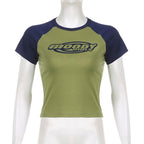 Patchwork contrast short sleeve crewneck "moody" pattern crop top