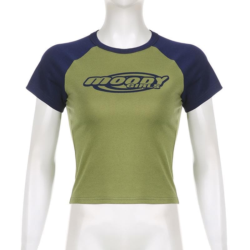 Patchwork contrast short sleeve crewneck "moody" pattern crop top