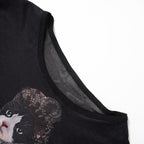 Mesh cat pattern short sleeve ruffle contrast crop top