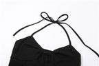 Halter self tie hollow out flower applique backless bowknot bodysuit