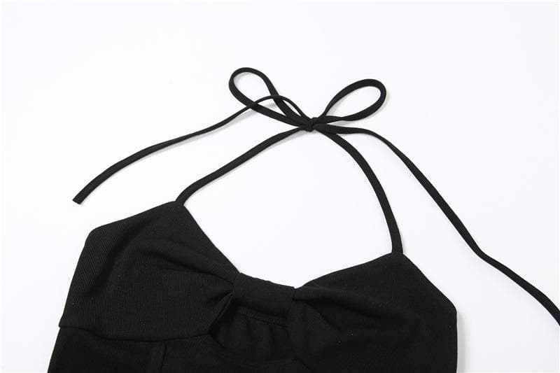Halter self tie hollow out flower applique backless bowknot bodysuit
