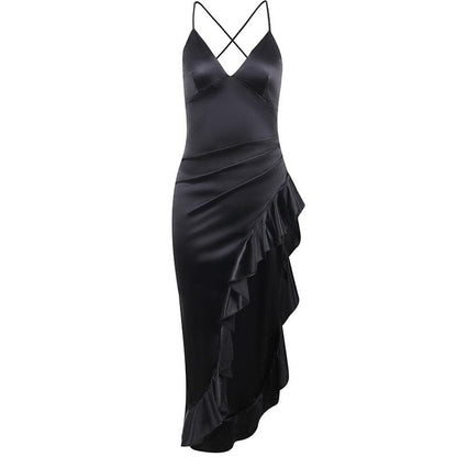 Midikleid mit Rüschen, V-Ausschnitt und unregelmäßigem Kreuzrücken