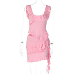 Ruffle u neck sleeveless backless solid irregular mini skirt set