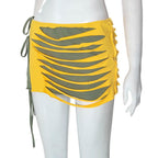 Contrast low cut hollow out self tie irregular mini skirt