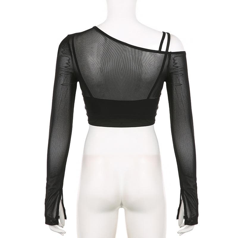Irregular long sleeve hollow out mesh solid 2 piece crop top