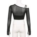 Irregular long sleeve hollow out mesh solid 2 piece crop top