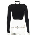 Long sleeve solid halter cross front hollow out crop top - Final Sale