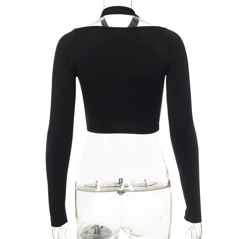 Long sleeve solid halter cross front hollow out crop top - Final Sale