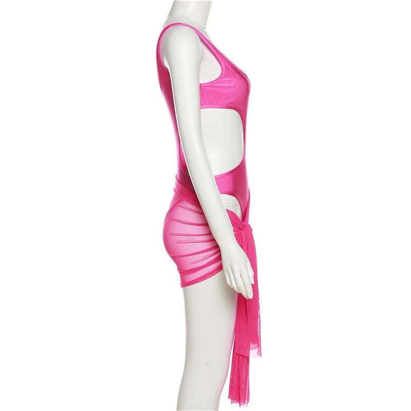 Hollow out u neck metallic sleeveless mesh self tie bodysuit mini skirt set