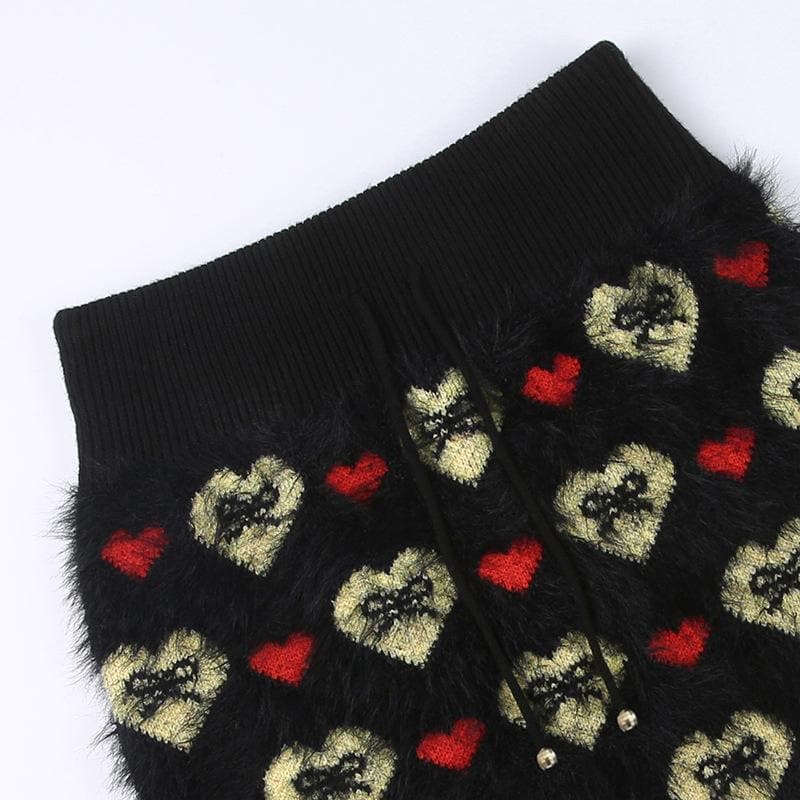 Contrast fluffy bowknot heart pattern mini skirt - Final Sale