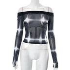 Tie dye contrast off shoulder long sleeve gloves sheer mesh see through top