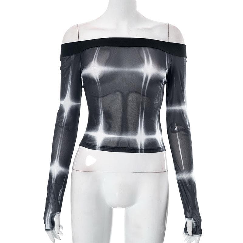 Tie dye contrast off shoulder long sleeve gloves sheer mesh see through top