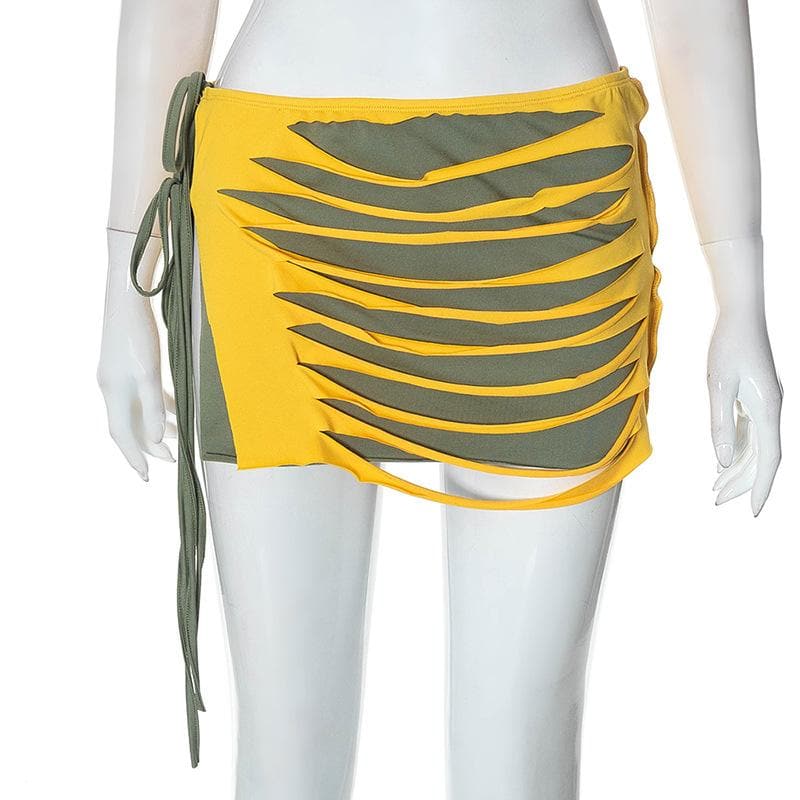 Contrast low cut hollow out self tie irregular mini skirt