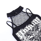Halter backless abstract button contrast fishnet crop top