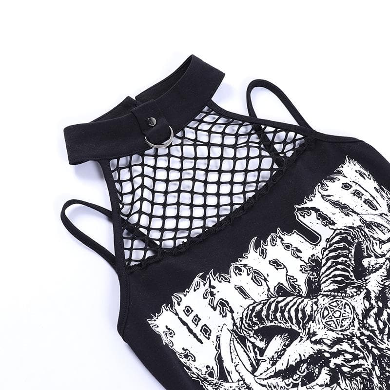 Halter backless abstract button contrast fishnet crop top